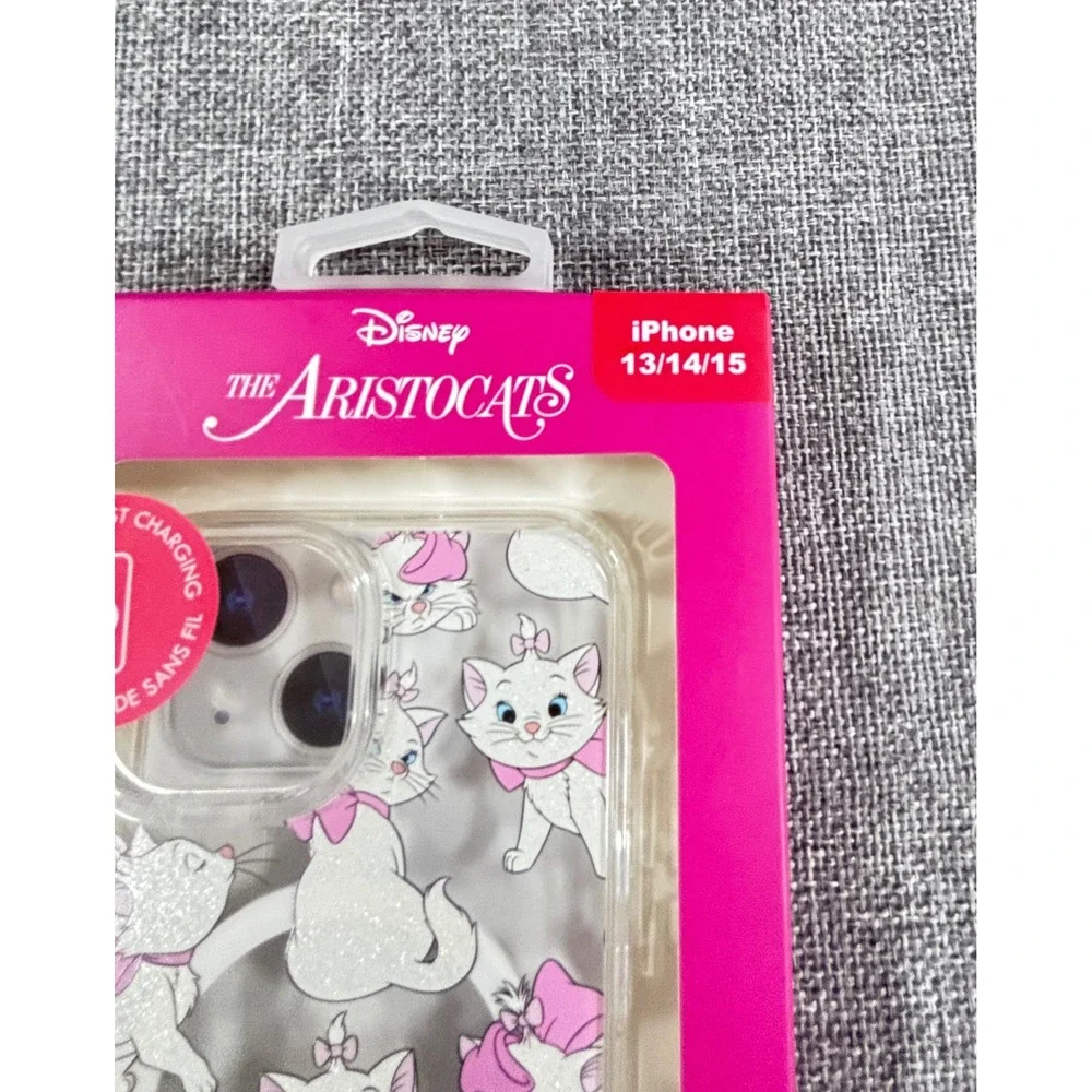 Disney Marie Aristocats iPhone 13 14 15 Case Clear Glitter Pink Wireless Charge